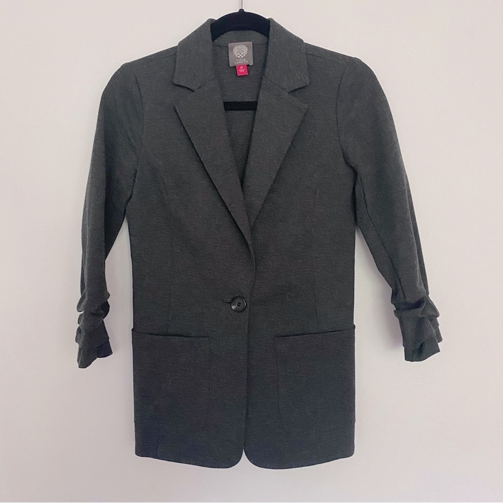 Vince Camuto charcoal grey one button blazer size XS stretch ruched sleeves